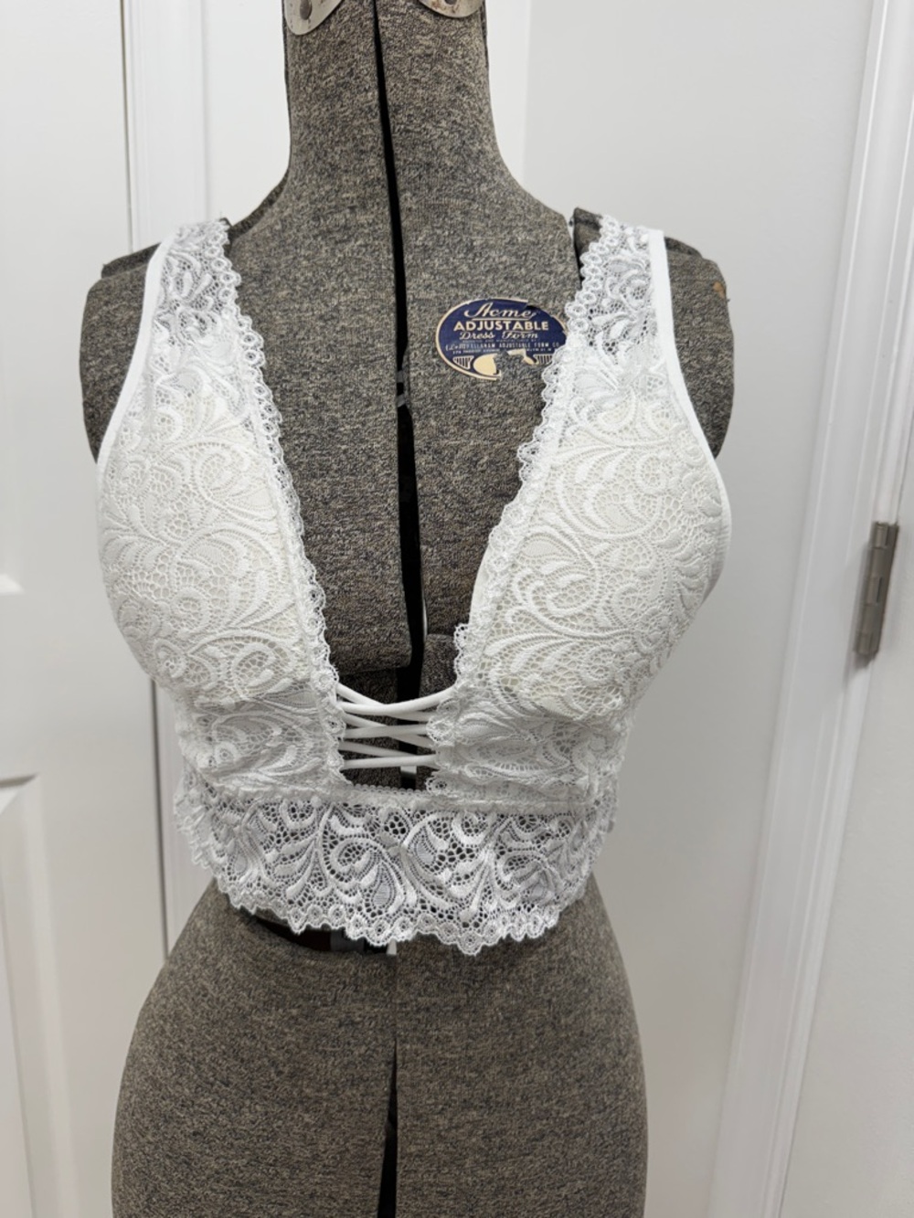 White Lace Bralette with Plunge & Crisscross Detail